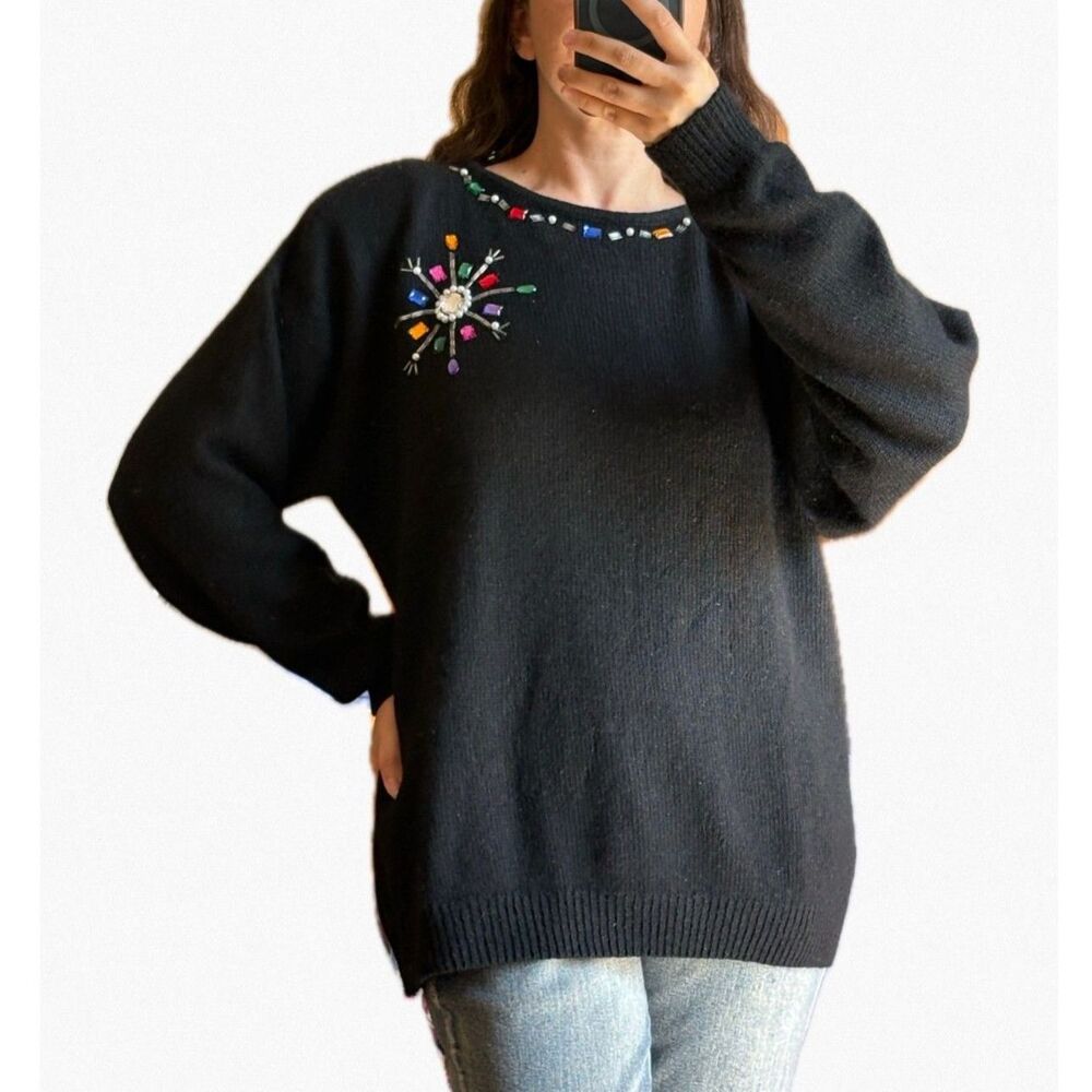Vtg Victoria Jones Beaded Sweater Black Silk Angora Holiday Jeweled 80s 90s L M